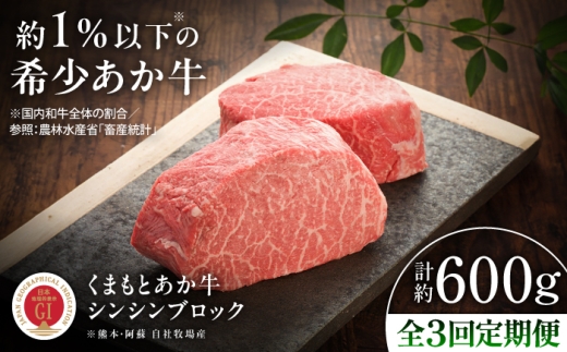 【全3回定期便】【GI認証】くまもとあか牛シンシンブロック 約300g×2枚 / 熊本 あか牛 冷凍 希少部位 シンシン ブロック 約300g ステーキ すてーき ローストビーフ  BBQ バーベキュー ギフト 贈答 贈り物 ご褒美 贅沢 お取り寄せ おすすめ プレセント 人気 ステーキ肉 定期便  赤牛 あかうし 九州 霜降り【有限会社 三協畜産】[BHAS075]