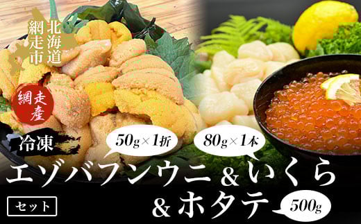 
            【先行予約】冷凍エゾバフンウニ50g×1折＋いくら80g×1本＋ホタテ500gセット（網走市産）（2025年5月15日以降発送） 【 ふるさと納税 人気 おすすめ ランキング うに ウニ 雲丹 エゾバフンウニ 1折 うに丼 いくら醤油漬 イクラ醤油漬 いくら醤油 鮭 いくら 帆立 ほたて ホタテ 帆立貝柱 ホタテ貝柱 貝柱 生産者支援 オホーツク 北海道 網走市 送料無料 】 ABAO2002
          