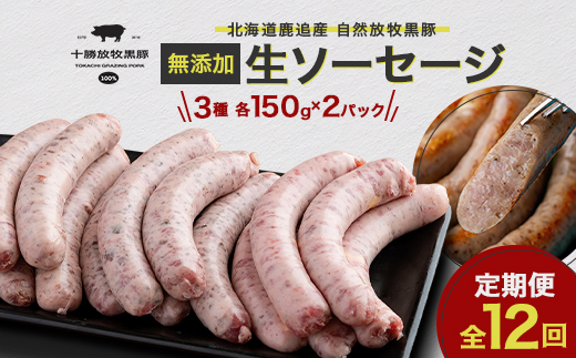 【毎月定期便】北海道十勝鹿追産 放牧黒豚 無添加 生ソーセージ 定期便【1915】全12回【配送不可地域：離島】【4056243】