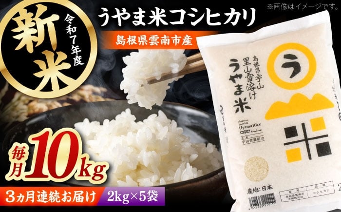 
            白米 【全3回定期便】神話の里/吉田町「うやま米」コシヒカリ 10kg（2kg×5）新米 白米 精米 コメ おすすめ 人気 お米 米 ごはん ご飯 食卓 主食 ブランド米 お取り寄せ グルメ ご当地米 贈り物 贈答 家族 ファミリー 定期便 小分け 便利 毎月お届け 10キロ おいしい 国産 新生活 ストック 毎日 お弁当 朝ごはん 島根県雲南市/有限会社藤本米穀店 [AIDB079]
          