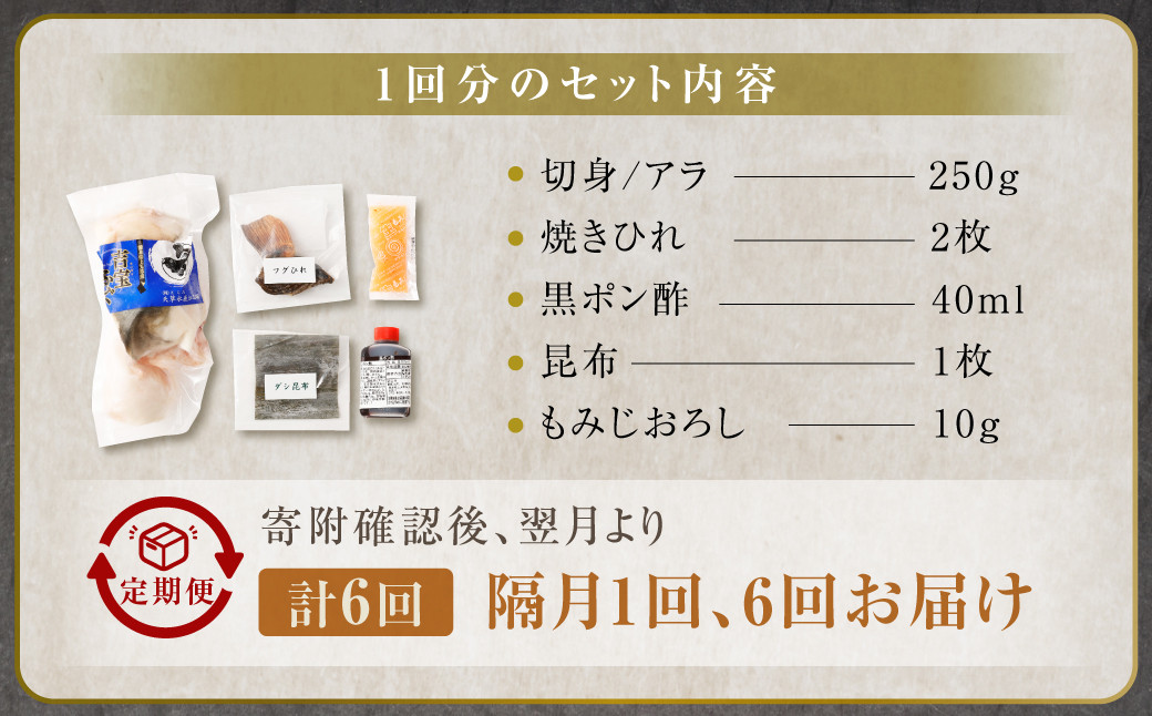 【隔月6回定期便】〈お一人様用〉とらふぐ鍋セット 吉宝ふぐ『焼きひれ/特製ポン酢/もみじおろし付き』