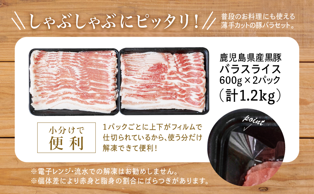 【鹿児島県産】黒豚 バラスライス 1.2kg（600g×2） 豚肉 豚バラ肉 豚バラ 生姜焼き 焼肉 しゃぶしゃぶ 冷凍 国産 スターゼン 鹿児島