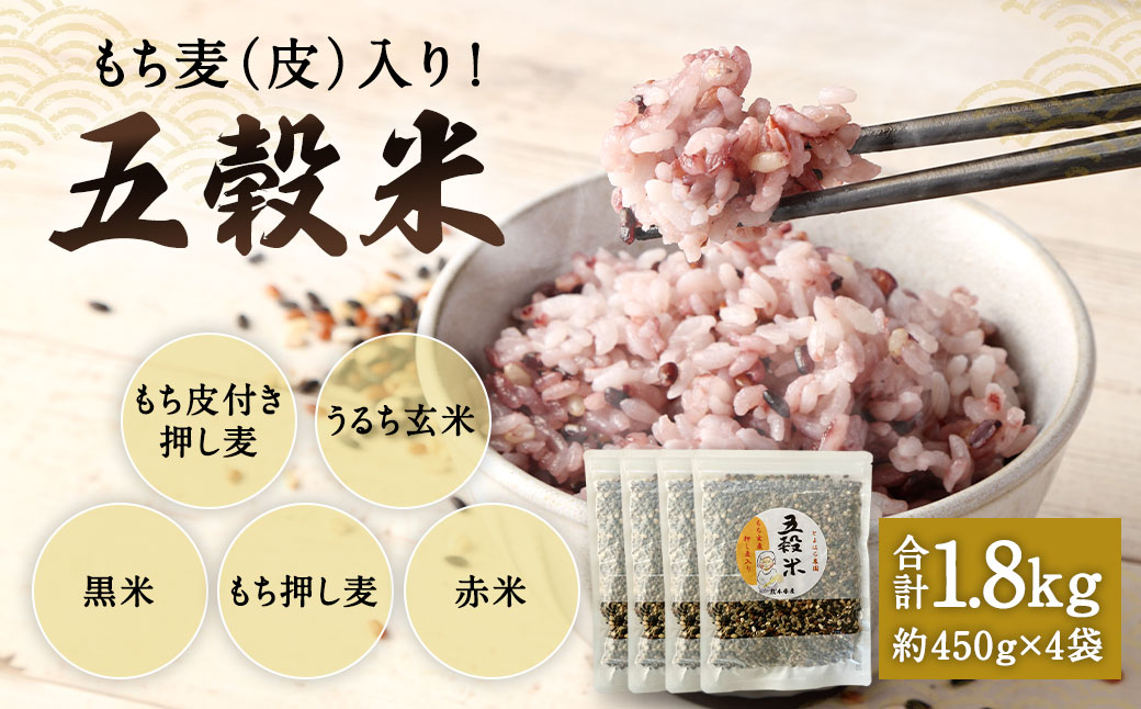 もち麦（皮） 入り！ 五穀米 450g×4袋 計1.8kg 国産 雑穀米 五穀 黒米 押し麦 うるち玄米 赤米 ブレンド 米 お米 雑穀 ご飯 ごはん 国産