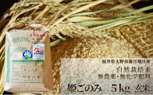 【令和7年産】ベストファーマー 自然栽培農家「四郎兵衛」の お米 姫ごのみ 5kg 玄米 無農薬 無肥料 無除草剤 による 自然栽培米[B-030008]