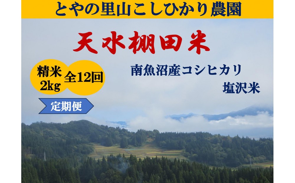 
                  令和8年産新米予約定期便【天水棚田米】雪蔵熟成塩沢産コシヒカリ精米2kg12回「とやの里山継承プロジェクト」【2026年10月下旬より順次発送予定】
                