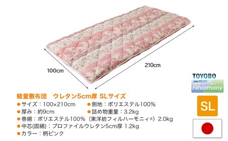 【柄ピンク】体圧分散プロファイルウレタン軽量敷布団 ウレタン5cm厚 SL_23-J203-gpk