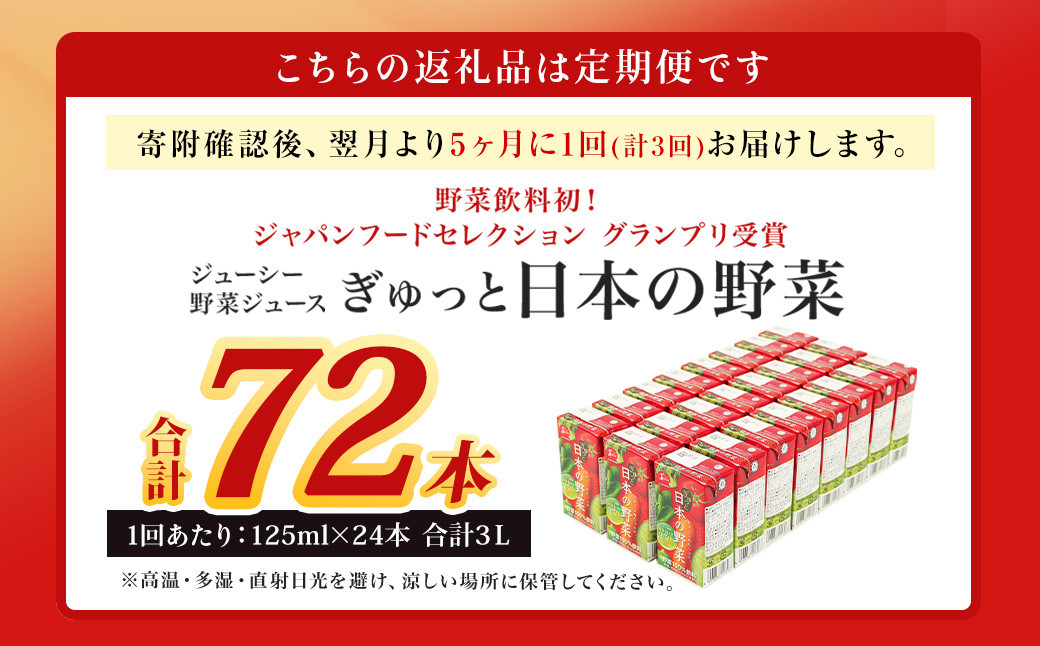 【5ヶ月毎3回定期便】ジューシー 野菜ジュース ぎゅっと日本の野菜100％ 125ml×24本