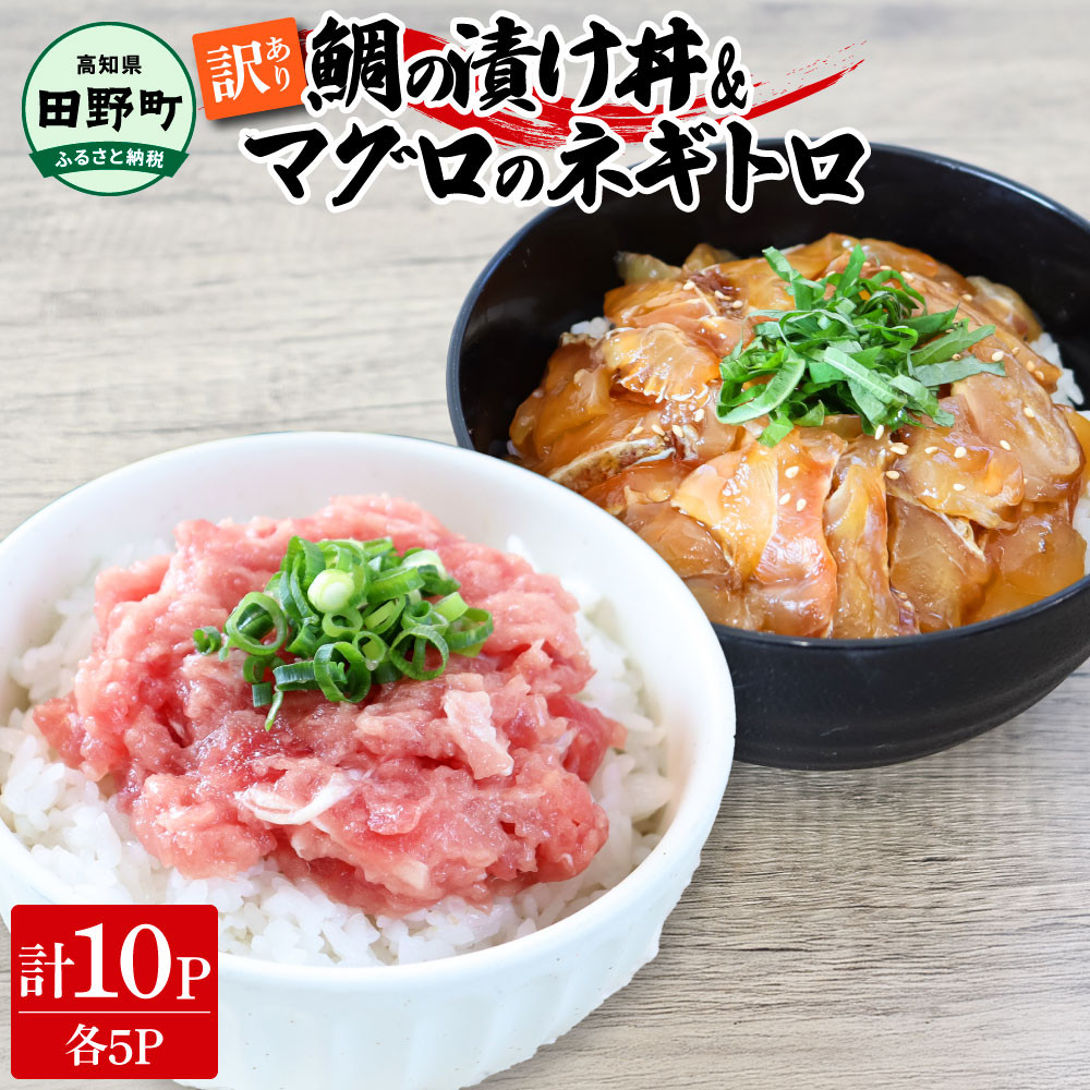 
            訳あり 鯛の漬け丼＆マグロのネギトロ 各5P 計10P タイ たい まぐろ 鮪 海鮮丼 ねぎとろ まぐろたたき 粗挽き ねぎとろ丼 ネギトロ丼 魚介 惣菜 おかず 訳アリ ～四国一小さなまち～
          