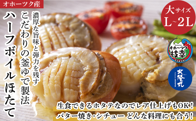 ハーフボイルホタテ［L～2L］大サイズ500g（8～12個）オホーツク産［北隆丸］【 ほたて 帆立 ホタテ 魚貝類 魚介類 海鮮 大粒 ボイル 生 冷凍 加工食品 北海道 オホーツク 枝幸 】
