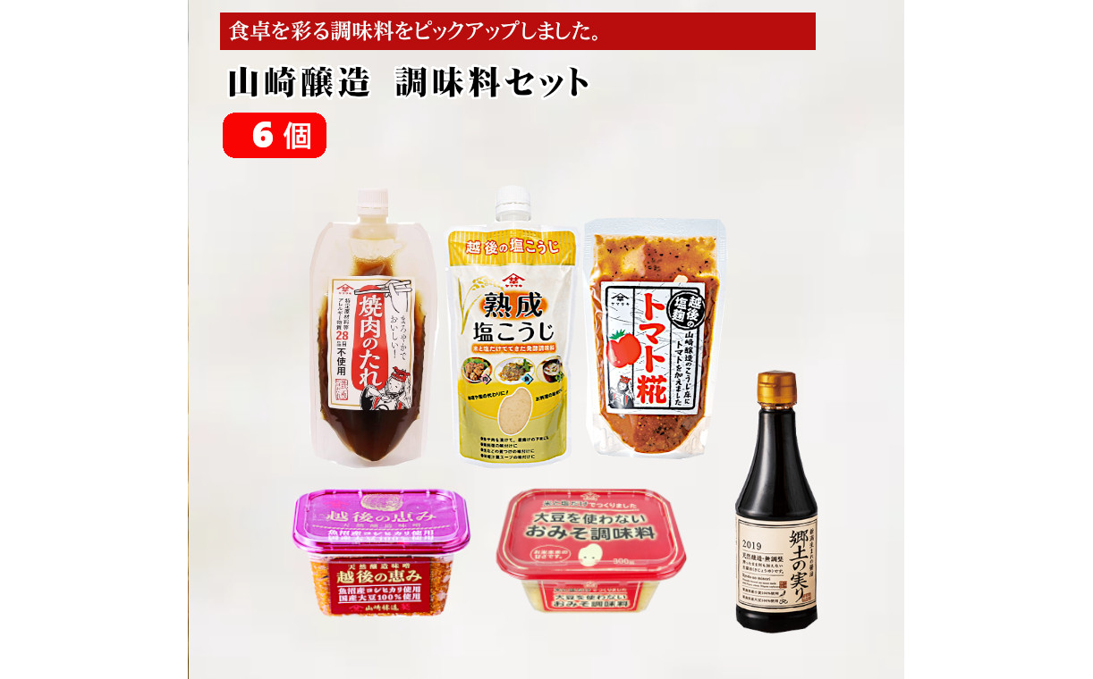
                  山崎醸造 調味料6個セット (人気の6種類×各1個) 山崎醸造 | ヤマサキ 万能調味料 セット 味噌 焼肉のたれ 塩麹 醤油 調味料 発酵食品 国産 贈り物 プレゼント ギフト 人気 おすすめ お取り寄せ 新潟県 小千谷市 【0002-0241】
                