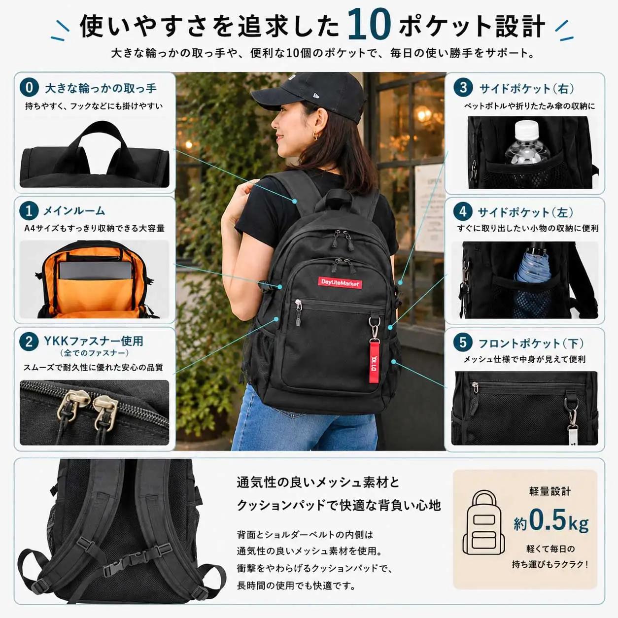 撥水、軽量、ポケット多数、ボックスロゴがお洒落な 10ポケット 24L ブラック/レッド WZ013-5