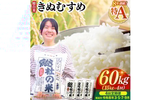 【令和7年産米】特Aきぬむすめ【精白米】60kg 定期便（15kg×4回）岡山県総社市〔令和8年3月・5月・7月・9月配送〕25-120-011
