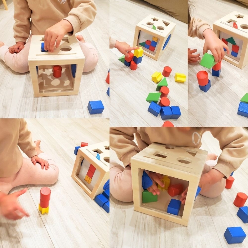 知育玩具 みててBOX ［150A07］ 積み木 円柱 四角 三角 星 シート お手本シート 背景シート ボックス 木 ブラインドボックス 触覚 形当てる 積み上げ 創造力 学び わくわく_イメージ4
