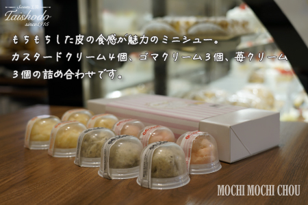 宮城県大崎市｜もちもちシュー 10個入【カスタード・ごま・苺クリーム詰め合わせ】