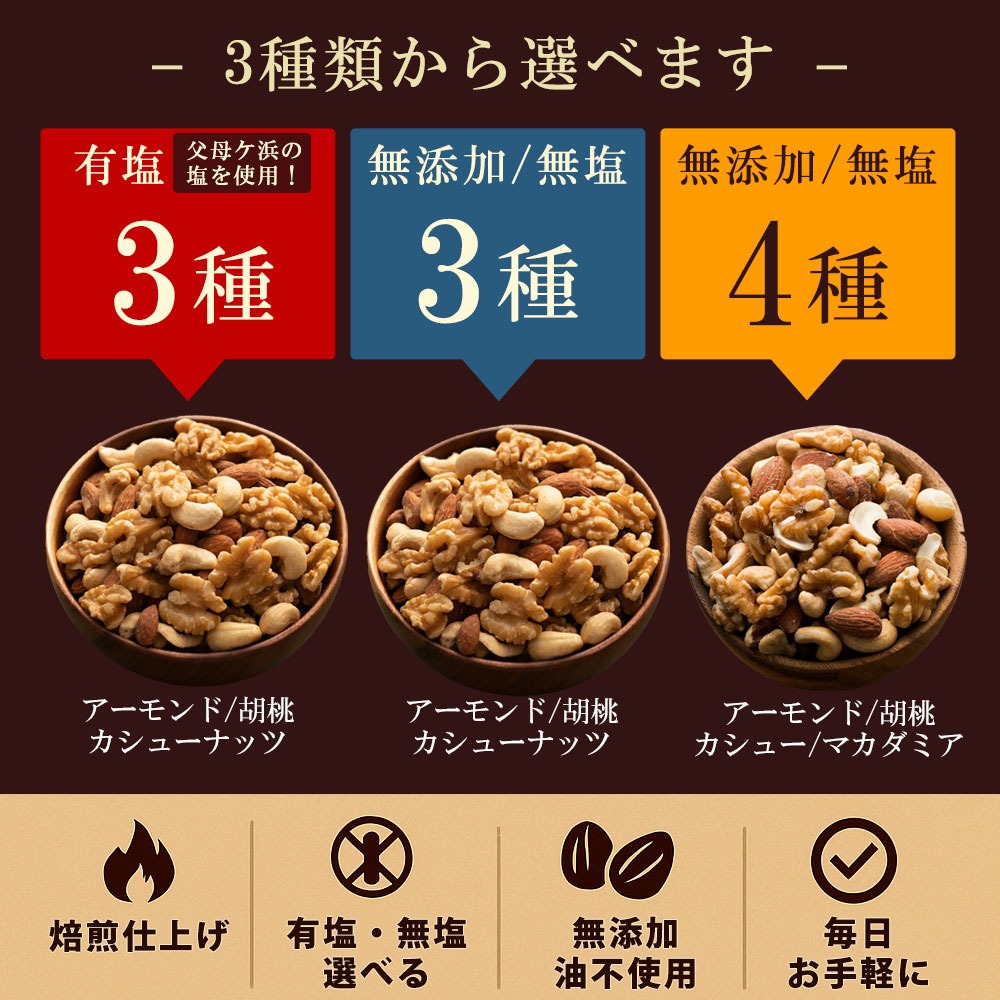 MH140-0171_【ふるさと納税】 焙煎ミックスナッツ(4種の無塩) 500g 送料無料 ［ 無塩 無添加 アーモンド くるみ カシューナッツ マカダミアナッツ テーブルナッツ 小分け 菓子材料 