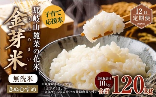 【 12回 定期便 】 子育て応援米  那岐山麓菜の花米 金芽米 無洗米 きぬむすめ 10kg 合計 120kg 米 お米 コメ 無洗米 岡山県 奈義町