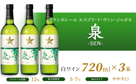 ワイン グランポレール エスプリ・ド・ヴァン・ジャポネ 泉 -SEN- 3本（1本 720ml）白ワイン 中辛口 サッポロビール 岡山ワイナリー お酒 国産ワイン 爽やか ほのかな渋み 酸味 