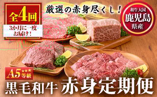
No.1013 ＜定期便・全4回＞カミチクの定期便！鹿児島県産黒毛和牛赤身定期便(合計1.7kg)牛肉 黒毛和牛 和牛 ステーキ スライス 焼肉 BBQ キャンプ 定期便 頒布会 A5 冷凍 ギフト【カミチク】
