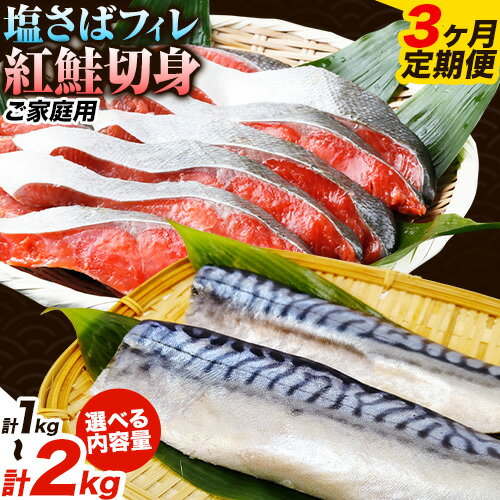 【ふるさと納税】【3ヶ月定期便】【ご家庭用訳あり】人気の塩さばフィレ＆紅鮭切身セット 計1kg 計2kg 選べる 内容量 株式会社魚鶴商店《お申込み翌月より発送予定(土日祝除く)》和歌山県 日高町 鮭 さけ 紅さけ 切り身 さば 塩さば 焼き魚 焼くだけ 簡単 魚 さかな