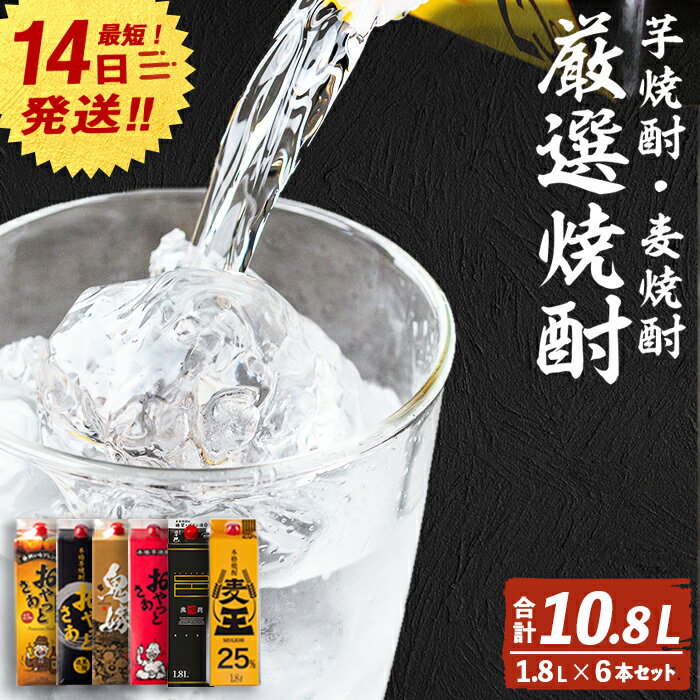 【ふるさと納税】厳選焼酎パック6本アソート(各1800ml×6本・計10.8L) 焼酎 芋焼酎 麦焼酎 本格芋焼酎 本格麦焼酎 芋 さつま芋 安納芋 麦 米麹 麦麹 お酒 アルコール 飲み比べ セット 詰め合わせ 鹿児島 糖質ゼロ プリン体ゼロ 常温 常温保存【岩川醸造】