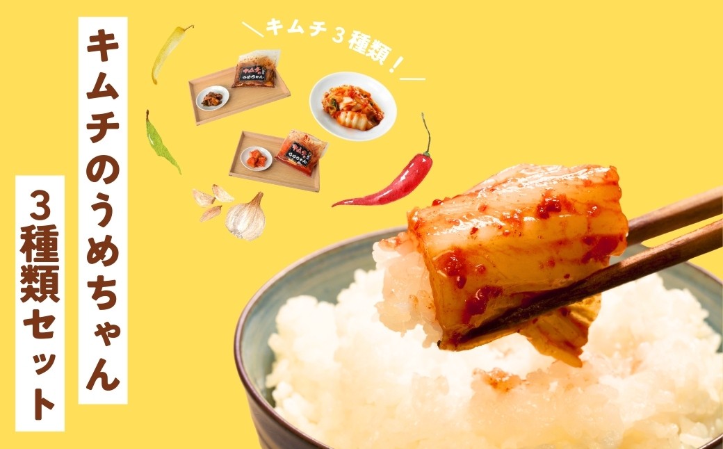 
                  キムチ3種類セット キムチのうめちゃん キムチ 手作り 本場の味 コクうま 白菜 ニンニク ごはんのお供 ピリ辛 お米 ごはん ビール 酒 おつまみ 漬物 野菜 BBQ 焼肉 惣菜 キムチチャーハン キムチ鍋 発酵食品 韓国   奈良県 奈良市 なら 6-010
                