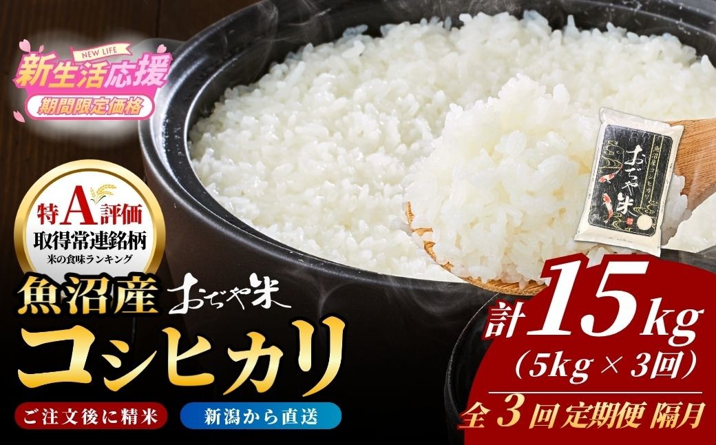 
                  【全3回定期便 コシヒカリ】 令和7年産 新潟県 魚沼産コシヒカリ「おぢや米」合計15kg(5kg×1袋×隔月お届け全3回) 徹底した品質管理 新潟産コシヒカリ JA魚沼 特A評価 魚沼産 | おぢや米 新潟県産コシヒカリ お米 米 こしひかり 白米 精米 ブランド米 特A評価 注文後に精米する新鮮発送！【0002-JA15DB00-02】
                