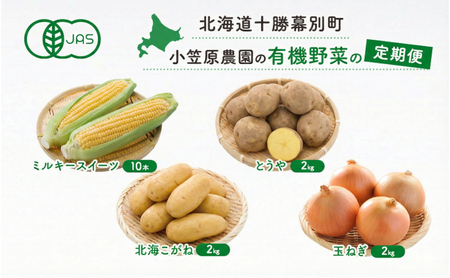 定期便 夏秋2回 とうもろこし10本・じゃがいも2種×2kg・玉ねぎ2kg 有機野菜