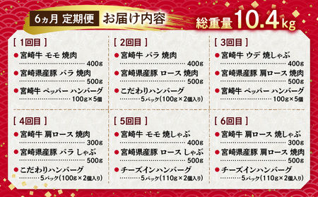 宮崎牛・宮崎県産豚・ハンバーグが毎月届く！ミヤチク堪能定期便(総重量10.4kg) 牛肉 ハンバーグ 焼肉 しゃぶしゃぶ