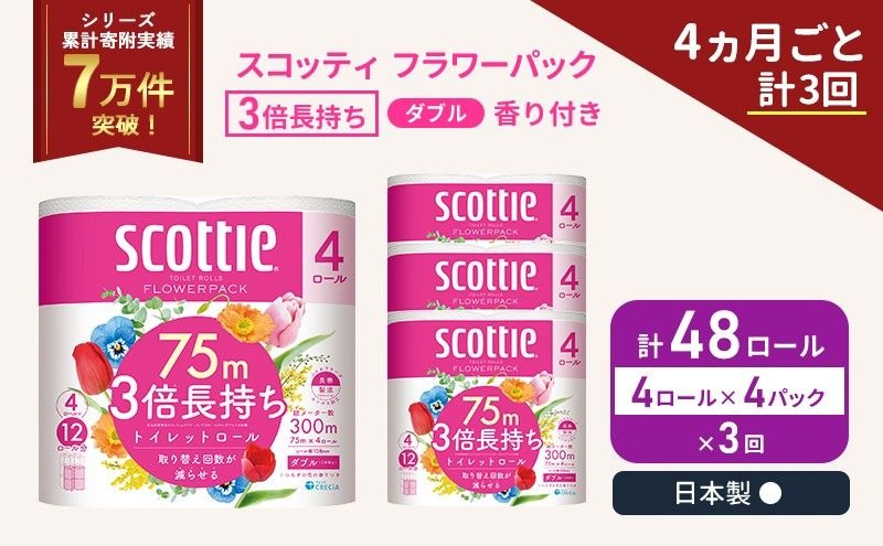定期便 トイレットペーパー ダブルスコッティ 3倍長持ち 4ロール入 × 4パック フラワーパック 香り付き 《 4ヶ月ごと 計  3回 》