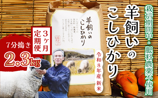 コシヒカリ【3か月定期便】《肥料・農薬：栽培期間中不使用》瀬戸内三原 羊飼いのこしひかり７分搗き 2.3kg×3回  瀬戸内ビオファーム お米 こめ ご飯 002041