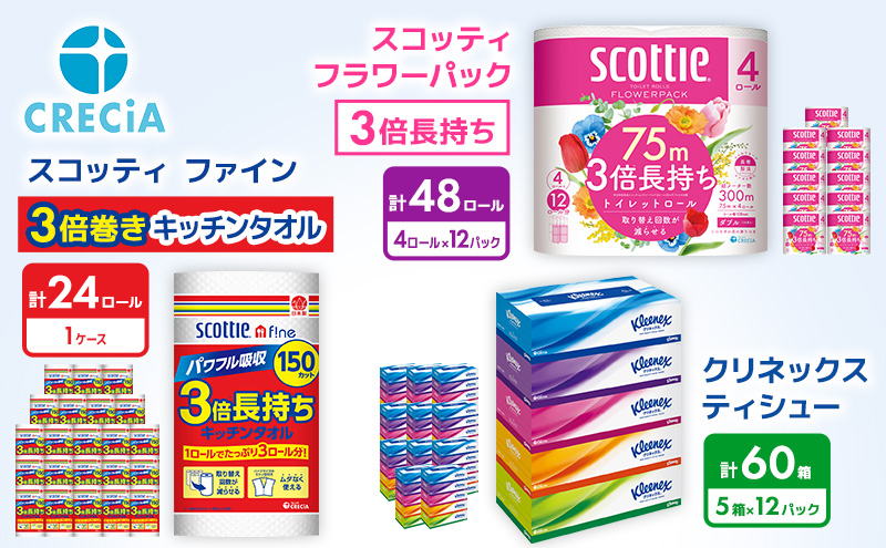 【3品別配送】トイレットペーパーダブル3倍長持ち4ロール（12P）・ティッシュペーパー360枚（180組）5箱×12P・3倍巻きキッチンタオル150カット1ロール