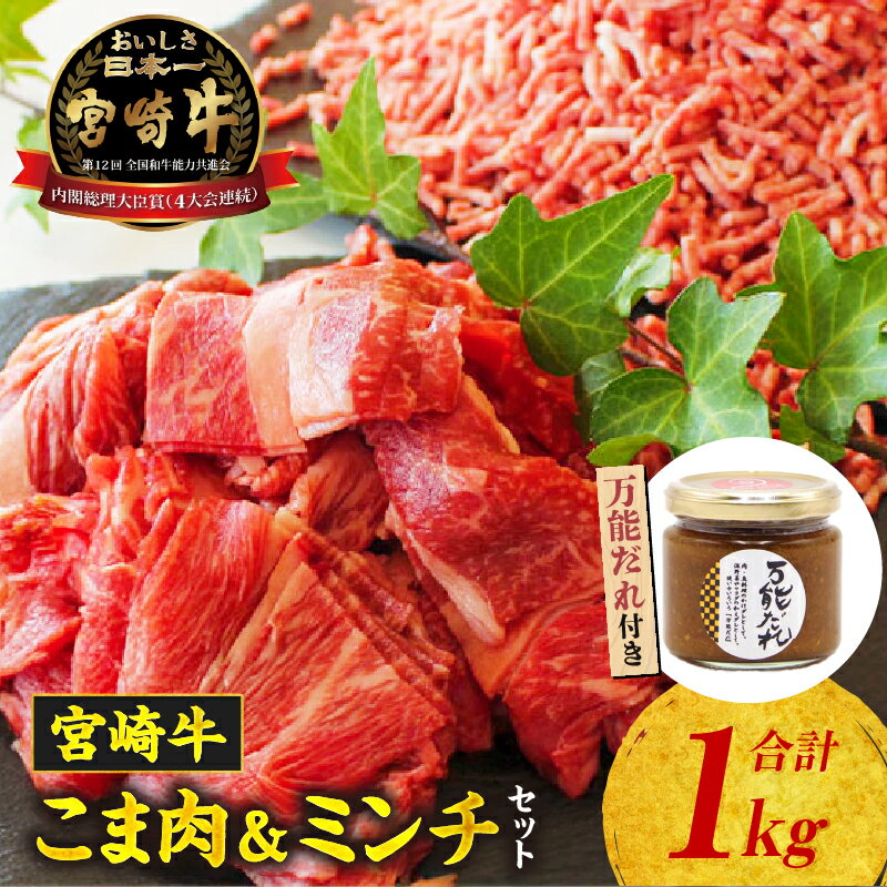 【ふるさと納税】《レビューキャンペーン》宮崎牛 こま肉・ミンチセット1kg 万能だれ付き 牛肉 お肉 肉 宮崎牛小間切れ こま肉 牛こま ミンチ 牛ミンチ ミンチ肉 精肉 たれ セット 炒め物 お弁当 普段使い 使い勝手 冷凍 和牛 国産牛 宮崎県産 お取り寄せ 高千穂町 送料無料