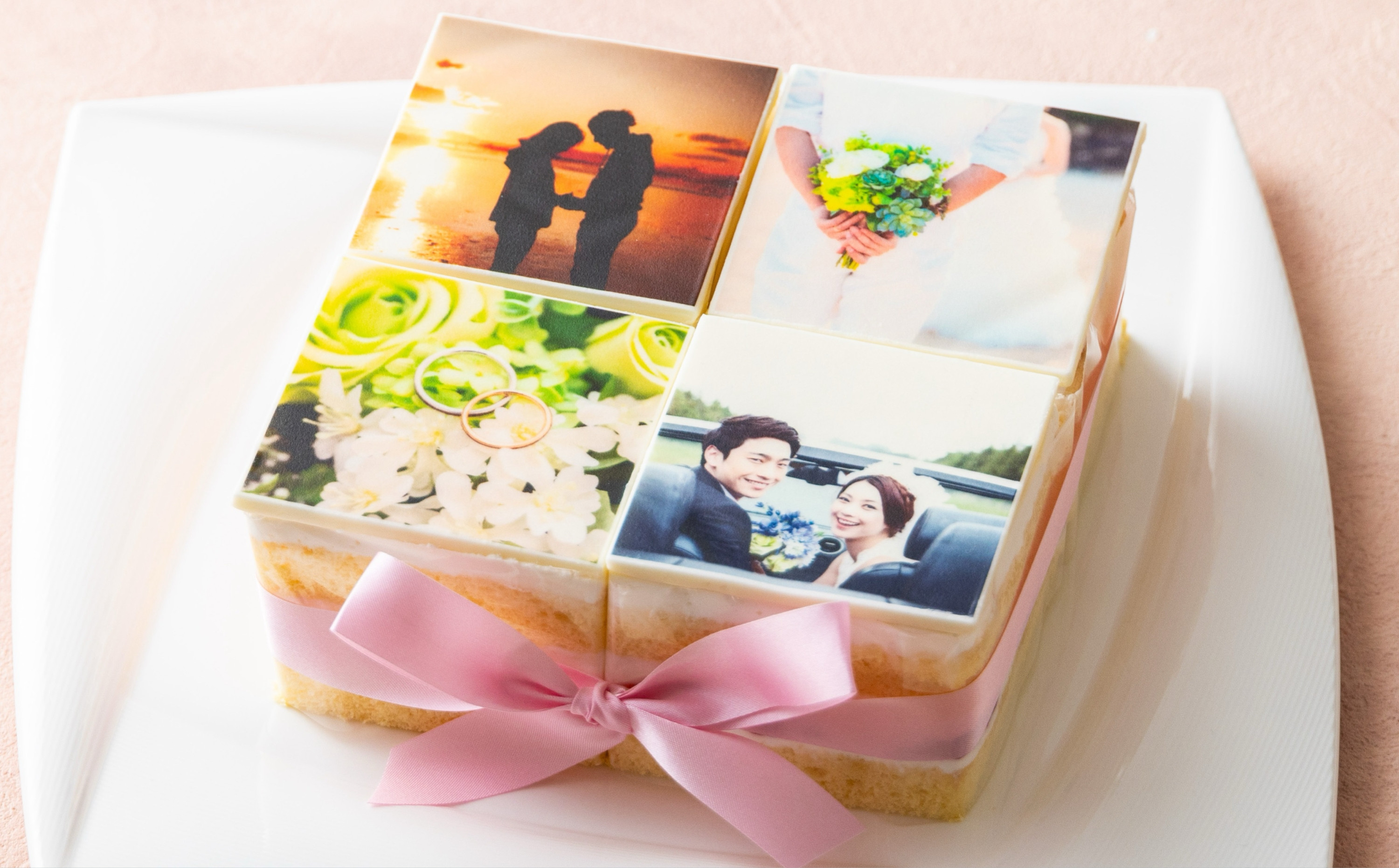 お気に入りの写真をホワイトチョコにプリント！オリジナルの美味しいケーキを。 4ピース アルバムケーキ（文字なし）