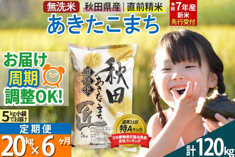 【無洗米】＜令和7年産 新米予約＞《定期便6ヶ月》秋田県産 あきたこまち 20kg (5kg×4袋) ×6回 20キロ お米【お届け周期調整 隔月お届けも可】 新米|02_snk-030806s