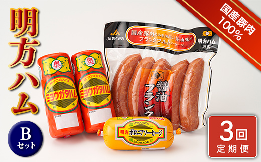 【3回定期便】明方ハム Bセット【JAめぐみの農業協同組合】 ソーセージ ハム フランクフルト フランク おつまみ 惣菜 晩酌 ディナー 弁当 ビール ワイン 酒のお供 食べ比べ 詰め合わせ 肉 食品