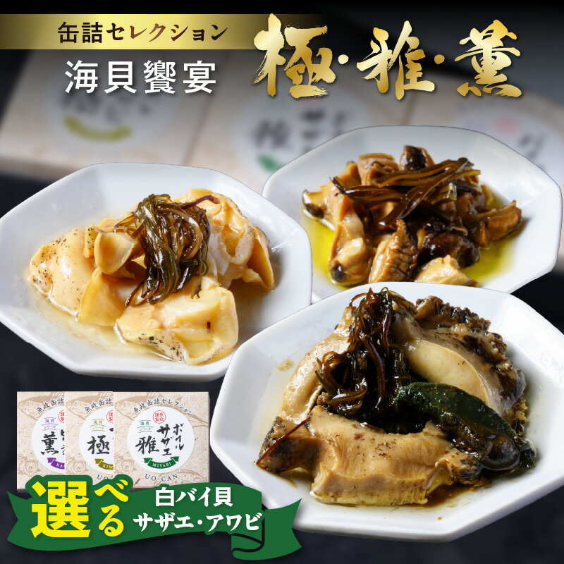 【ふるさと納税】貝缶詰「海貝（うみがい）」シリーズ 蒸しアワビ【極】 ボイルサザエ【雅】 バイ貝の旨煮【薫】 3種セット(各種1缶) Sサイズ 2缶セット～ Lサイズ 1缶～