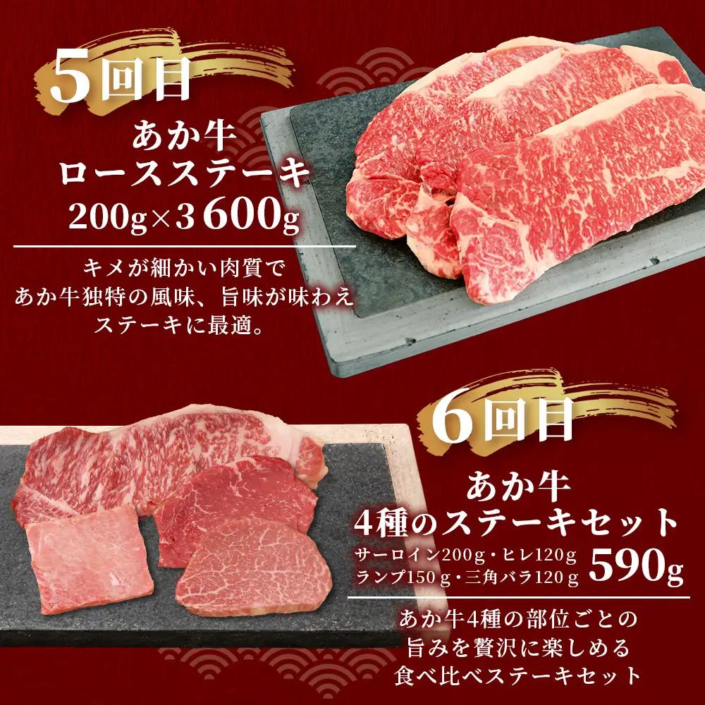 【定期便6回】あか牛 贅沢 定期便 肩ロースすき焼き500g・焼肉食べ比べ500g・赤身すき焼き肉800g・サイコロステーキ800g・ロースステーキ600g・4種のステーキセット 牛肉 肉 ロース カ