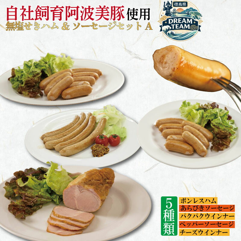 【ふるさと納税】 無塩せき ハム ソーセージ 5種 セットA ウインナー フランクフルト ボンレスハム ペッパーソーセージ ぱくぱくウィンナー あらびきソーセージ チーズインウィンナー 徳島県産 プレゼント ギフト 冷凍 鍋 惣菜 肉 豚 粗挽き 小分け お試し ドリームチーム