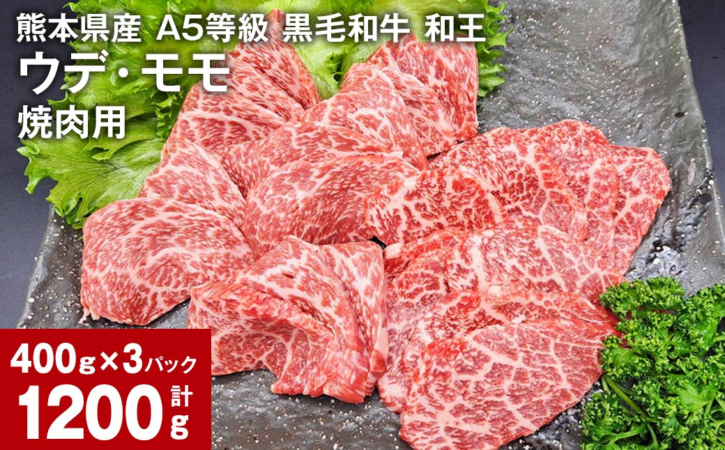 熊本県産 A5等級 黒毛和牛 和王 ウデ・モモ 焼肉用 400g×3パック 計1200g