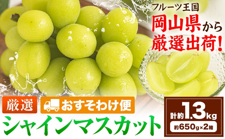 
                  【おすそわけ便】シャインマスカット 計約1.3kg (約650g(1房)×2箱)《2026年9月上旬-11月上旬頃出荷》岡山県 笠岡市 シャインマスカット 厳選 ぶどう ブドウ 葡萄 マスカット 果物 フルーツ ギフト
                