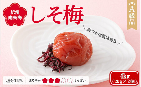  紀州南高梅　しそ梅（塩分13%）　4kg(2kg×2個） / 田辺市 紀州南高梅 南高梅 梅干し 梅干 梅  肉厚 お米 おにぎり 焼酎 梅酒 健康 【ske044-2】