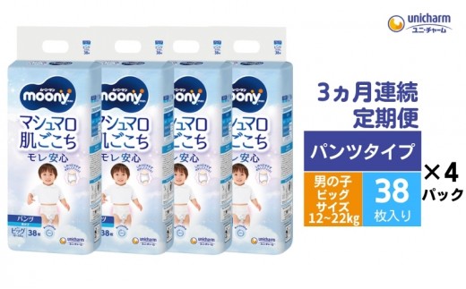 【3ヶ月連続定期便】ムーニーマン  男の子用 ビッグサイズ 38枚×4袋