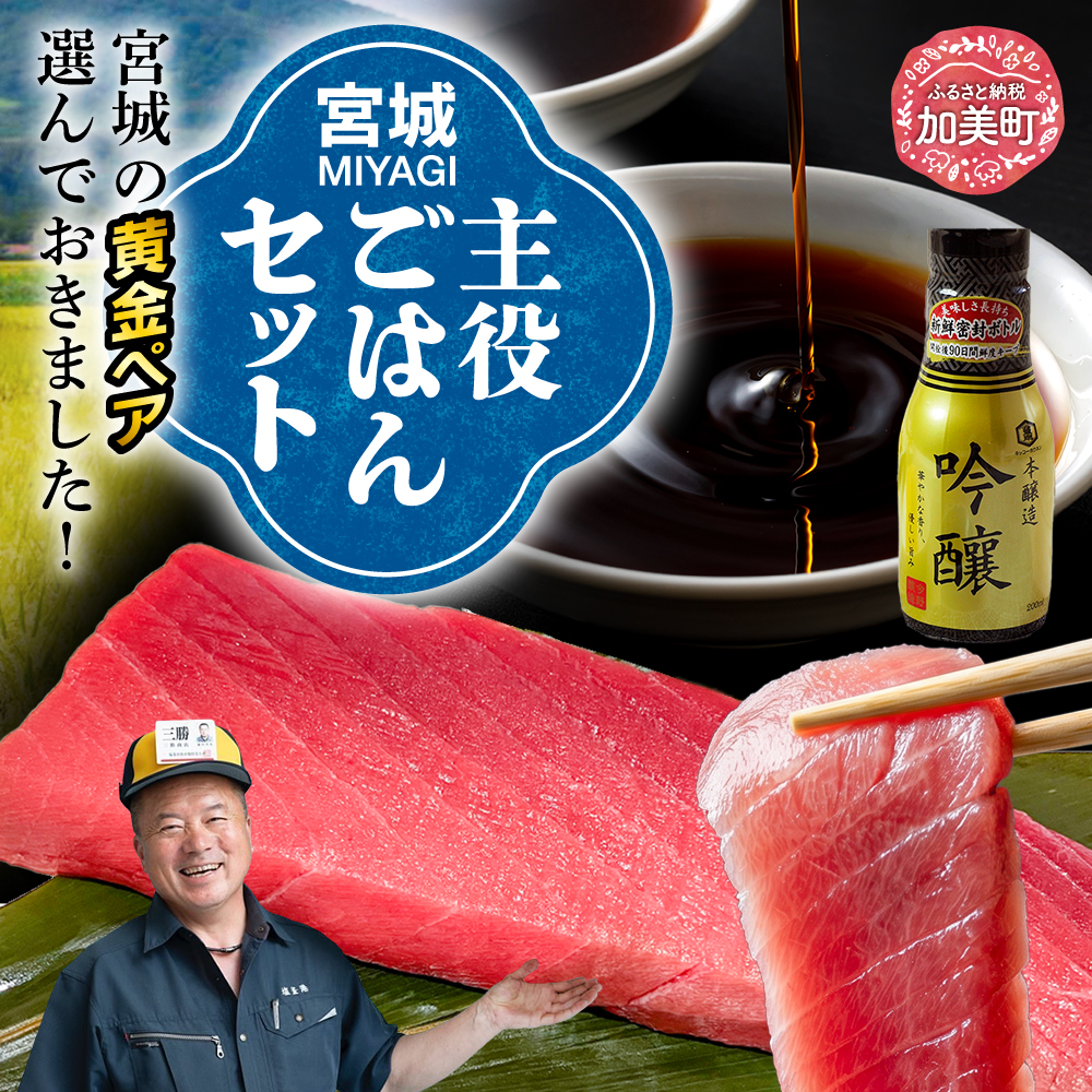 宮城主役ごはんセットC【生本マグロ中トロ 柵（400g）×吟醸醤油（200ml×3本）】 | kami-w-sk-c