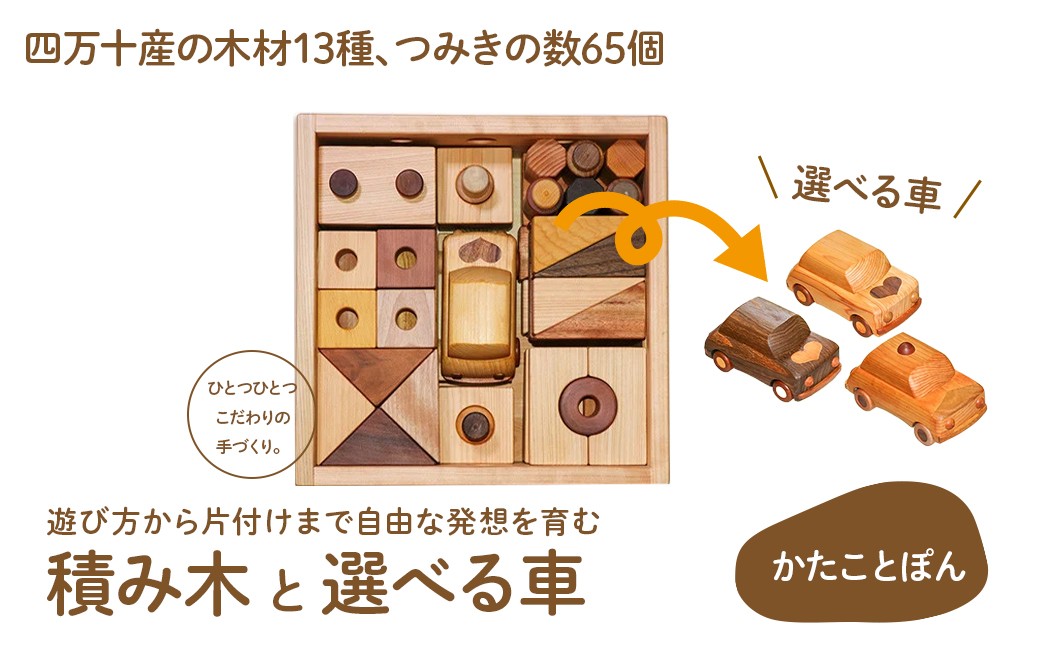 
【四万十産の木材13種、つみきの数65個】遊び方から片付けまで自由な発想を育む、積み木 「かたことぽん」　Ole-29　／つみき かわいい プレゼント ギフト 御祝 こども 乳幼児 車 くるま 知育玩具 木工おもちゃ ひのき 桧 木製 釘不使用 四万十 しまんと 国産
