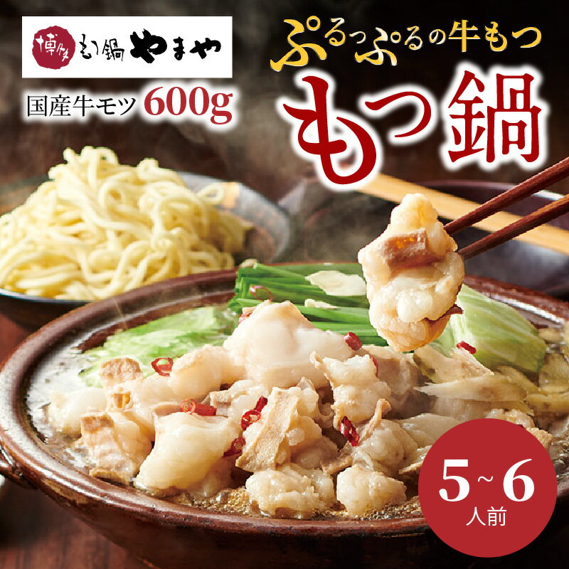 【ふるさと納税】もつ鍋 セット 600g 5 ～ 6人前 やまや 博多 国産 牛もつ もつ 鍋 鍋セット 甘口 クリーミー あごだし 醤油味 スープ ちゃんぽん 麺 牛小腸 大ぶり ぷるぷる 薬味 にんにく 唐辛子 ご当地グルメ 名物 グルメ お取り寄せ 福岡 福岡県 上毛町 冷凍 送料無料