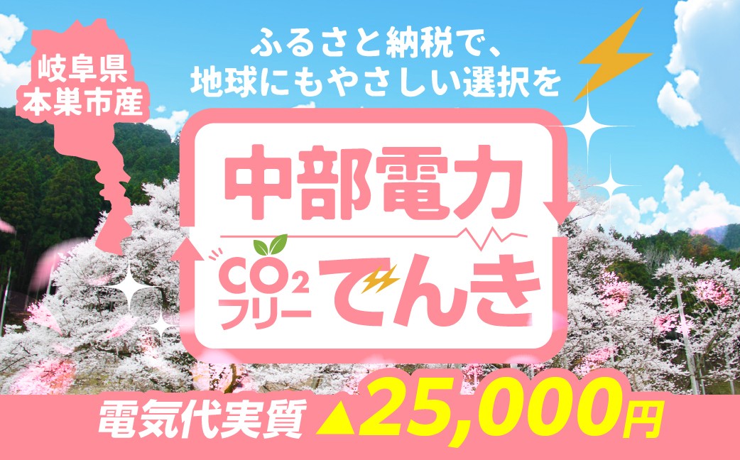 
            本巣市産 CO2 フリーでんき 100,000円コース（電気代実質マイナス25,000円）（注：お申込み前に申込条件を必ずご確認ください）中部電力ミライズ 電気 電力 中電 中部電力 中部 電気代 電気料金 岐阜県 愛知県 三重県 静岡県 長野県 ふるさと でんき【会員限定のお礼の品】
          