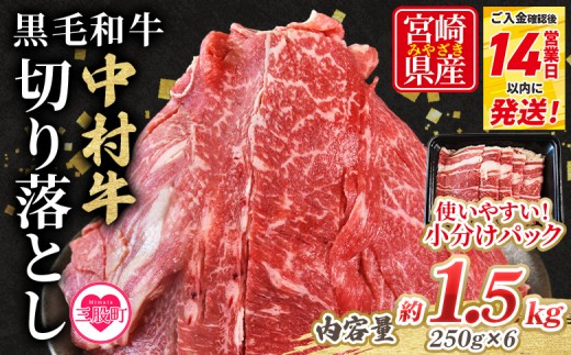 ＜黒毛和牛 中村牛切り落とし 合計1.5kg(250g×6)＞ 国産 九州産 脂身 牛肉 赤身 すき焼き 牛丼 肉じゃが プルコギ 煮込み 使いやすい 小分け 便利 こま切れ 牛こま コマ 小間 薄切り お肉 冷凍【MI643-jc】【Jコーポレーション】