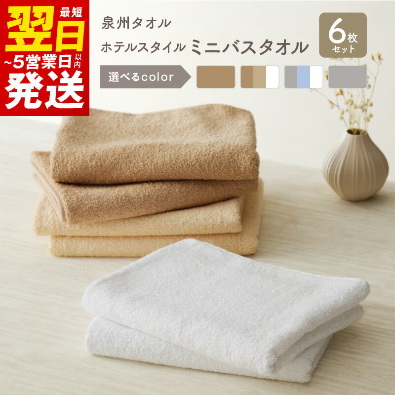 【ふるさと納税】＼最短翌日～5営業日以内発送／ ホテルスタイル ミニバスタオル 6枚 モカ ベージュ ホワイト ライトグレー ブルー 40×100cm 泉州タオル 綿100％ 日本製 無地 単色 洗濯物軽減 収納コンパクト お取り寄せ 日用品雑貨 大阪府 泉佐野市 送料無料 新生活応援
