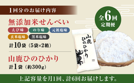 【6回定期便】【こだわり抜いた厳選素材】米せんべい（えび味、のり味、元祖塩味、玄米塩味、黒米塩味）&amp; ヒノヒカリ のセット 【せんべい工房】[ZBQ007]