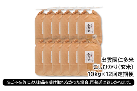 【毎月20日配送】 出雲國仁多米の玄米10kg定期便12回【仁多米 コシヒカリ こしひかり 玄米 定期便 10kg 12回 合計120kg ブランド米 お米 米 人気 令和7年度産 2025年度産 】